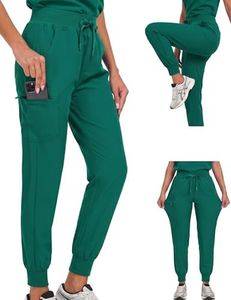 VECARDI Women's Scrub Jogger Pants High Waisted Stretch Nurse Work Bottoms 5 Pockets Elastic Waist Slim Fit Hunter Green