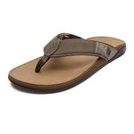 OLUKAI Tuahine Men's Beach Sandals, Quick Dry Flip-Flop Slides, Waterproof Full-Grain Leather & Wet Grip Soles, Soft Comfort Fit & Arch Support, Hunter/Golden Sand, 10