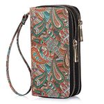 HAWEE Double Zipper Wallet for Woman Clutch Purse with Cell Phone Holder for Smart Phone/Card/Coin/Cash, Coffee Paisley