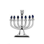 Sapphire and Diamond Sterling Silver Menorah Pendant Necklace (Comes With an 18" Chain)