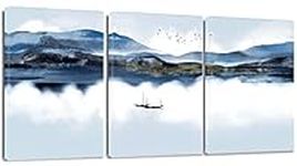 Artscope 3 Pieces Wall Art Canvas Prints - Watercolor Mountain Lake Landscape with Boat Nature Picture Painting - Modern Wall Artwork Framed for Gift Bathroom Living Room Office Decor - 30 x 40 CM