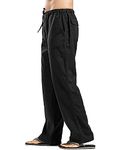 YAOHUOLE Men Linen Trouser Casual Loose Fit Lightweight Elastic Waist Drawstring Yoga Beach Pant Black 2XL