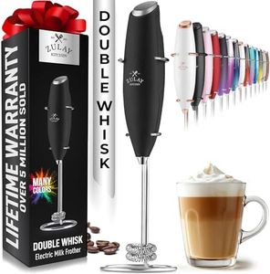 Zulay Kitchen Powerful Double Whisk Milk Frother Handheld - Foam Maker With Stand - Whisk Drink Mixer for Coffee, Mini Foamer for Latte, Matcha, Frappe, Hot Chocolate & Cappuccino (Black)