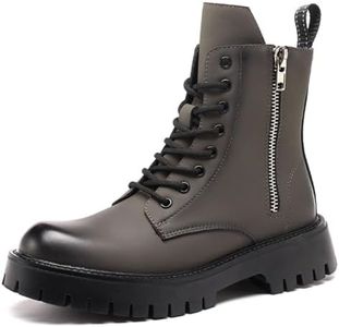 HSGMXGIXS Men's Leather Platform Lace-up Combat Boots Round Toe Side Zip Chunky Heel Non-Slip Lug Sole High Top Motorcycle Boots