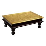 Mansi Enterprises Wood & Brass Chowki | Brass Work Pooja Bajot Stool | Home Decor Sitting Table (Goldcolor_18 x 12 x 6 Inches)