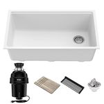 Kraus KGUW1-33WH-100-100, Bellucci Workstation 32 in. Undermount Granite Composite Single Bowl Kitchen Sink in White with WasteGuard 1 HP Continuous Feed Garbage Disposal and Accessories