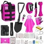 Pink Survival Kit for Women, Camping and Hiking Essentials with First aid kit, Survival Emergency Gear and Equipment with Molle Pouch, Women's Self Defense Bug Out Bag