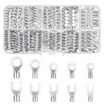 QOOSIKICC 320 Pieces Non-Insulated Ring Terminals & Fork Connector Kit, Copper Ring Fork U-Type Female Terminals, Wire Lugs Battery Cable Terminals Electric Wire Crimp Connectors Terminals(Silver 320)