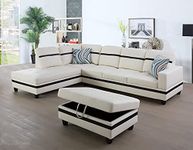 The Cozy Couch - Selma Solid Wood Right Hand Facing Sectional Sofa & Chaise with Ottoman in Faux Leather Upholstery (Black Strip), Orientation RHS.