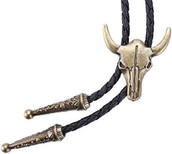 Western Vintage Bolo Tie for Men - Cow Skull Design Cowboy Tie - Black Leather Bolo Necktie Necklace, A-bull