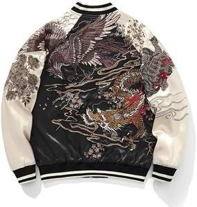 Sukajack Dragon Phoenix Embroidered Satin Bomber Jacket Unisex Vintage Japanese Streetwear Spring Fall Casual Windbreaker Coat Off White