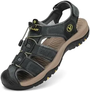 FLARUT Men's Sport Sandals Outdoor Hiking Sandals Closed Toe Leather Athletic Lightweight Trail Walking Casual Sandals Water Shoes (A-Gray,41)