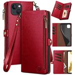 XcaseBar for iPhone 13 6.1" Wallet case with Zipper Credit Card Holder RFID Blocking, Flip Folio Book PU Leather Phone case Shockproof Cover Women Men for Apple 13 case Red