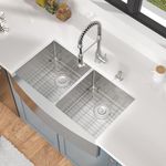 36 Double Bowl Farmhouse Kitchen Sink- Mocoloo 16 Gauge Apron Front Stainless Steel Kitchen Sink 36x21 inch with equal divider 50/50 Farm Style Offset Drain with Two 10" Deep Basin
