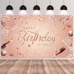 GRESATEK Rose Gold Birthday Backdrop, Happy Birthday Banner Party Decorations Set for Anniversary, Extra Large Birthday Sign Poster Photo Booth Background for Women Girls