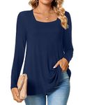 TAOHUADAO Womens 2024 Fall Casual T-Shirts Square Neck Long Sleeve Tunic Tops Loose Comfy Blouses 2XLarge, Navy Blue