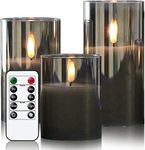 Eldnacele Gray Glass LED Candles with Remote, Battery Operated Flickering Flameless Candles with Timer, 3 Pack Fake Candles for Home Decor((D3'' x H4'' 5'' 6'')