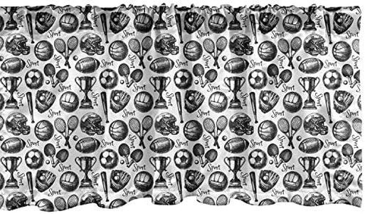 Lunarable Sports Window Valance, Sketch Art Sport Pattern with Balls Competition Theme Summer Ping Pong Schoolyard, Curtain Valance for Kitchen Bedroom Decor with Rod Pocket, 54" X 18", Black White