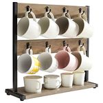 IBUYKE Rustic Coffee Mug Holder Stand, 2 Tier Countertop Mug Tree Holder Rack with Storage Base, Vintage Mug Holders for Kitchen, Holds 16 Mugs, Greige TBJ001Y