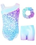 Gogokids Girls' Three-Piece Gymnastics Set, Sleeveless Leotards with Shorts and Hairband, Sparkling Ballet Dancing Unitards - Gymnastics Outfit with Gradient Color Design for 3-12 Years