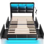 Rolanstar Twin Size Bed Frame with LED Lights and Charging Station, PU Leather Bed Storage Headboard & Drawers, Heavy Duty Wood Slats, Easy Assembly, Black