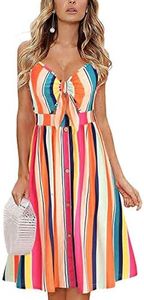ECOWISH Women 2024 Summer Dresses Tie Front V-Neck Spaghetti Strap Button Down A-Line Backless Swing Midi Dress 809 Color Stripe M