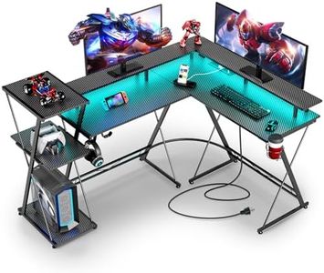 SEVEN WARRIOR L Shaped Gaming Desk, 50.4" Reversible Computer Desk with LED Lights & Power Outlets, Corner Desk with Storage Shelf & Monitor Stand, L Shaped Desk with Cup Holder, with Hooks, Black