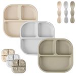 PandaEar 3 Pack Baby Suction Plates for Weaning with Spoons, Silicone Toddler Plates for Childrens Kids, Unbreakable Divided Baby Plate with Suction, Non-Slip, Non-Toxic, BPA Free (Creamy Grey Brown)