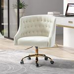 HULALA HOME Aesthetic Velvet Home Office Desk Chair, Stylish Chaise De Bureau with Gold Base, Height Adjustable 360° Swivel Ergonomic Computer Chair for Women, Ivory