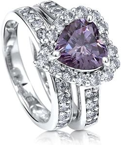 BERRICLE Rhodium Plated Silver Heart Shaped Purple Cubic Zirconia CZ Halo Engagement Ring Set Size 8