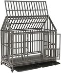 SMONTER 48" Heavy Duty Dog Crate Strong Metal Cage House Shape Pet Kennel Crate Playpen with 4 Locking Wheels