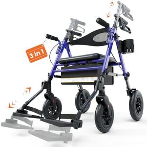 3 in 1 Walkers for Seniors with Adjustable Footrest, Wheelchairs for Adults, Rollator Walker with Seat, Rollator Transport Chair with Brakes, Lightweight Foldable Walker Wheelchair Combo, Blue