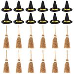 24 PCS Mini Witch Hats and Brooms Decoration Halloween Mini Felt Witch Hat Mini Broom Ornament with White Rope Witch Accessories for DIY Crafts Halloween Party Favors