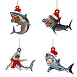 Christmas Ornaments 4PCS Christmas Shark Hanging Wood Shark with Christmas Hat Decoration Ornament for Xmas Tree Party Holiday Home Decor (Photo Color)