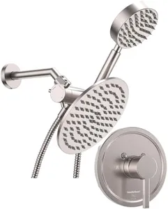 All Metal Dual Shower Head with Handheld, BRUSHED NICKEL - Complete Shower System with Rough-In Shower Trim Kit with Valve, Shower Arm and Flange, 2.5 GPM