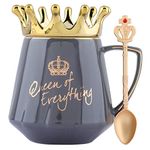 NYRWANA Queen of Everything Coffee Mug, Birthday Gift for Women, Diwali Gifts, Birthday Gift for Girls, Coffee Mug with Lid, Wedding Gift, Ceramic Coffee Mug with Golden Crown & Spoon (350ml - Grey)