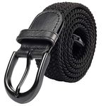 Braided Stretch Elastic Web Belt Pin Oval Black/Nickel Buckle Leather Loop Tip (Solid Black, Small 28“-30” (35" Length))