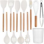 Silicone Cooking Utensils Kitchen Utensil Set, 12 PCS Wooden Handle Nontoxic BPA Free Silicone Spoon Spatula Turner Tongs Kitchen Gadgets Utensil Set for Nonstick Cookware with Holder(Cream, 12)