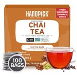 HANDPICK Masala Chai Tea Bags (100 Count) Strong Robust & Aromatic, Blended with Exotic Spices, Cinnamon, Black Pepper, Cloves & Cardamom - Premium Quality Eco-conscious Round Bags