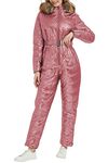 RISISSIDA Ski Suit Women One Piece Snow Suits Winter Waterproof Snowsuit Zipper Pockets Belt Skiing Coat with hood Fur Collar Pink L