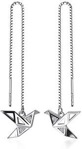 Origami Paper Crane Dangle Drop Earrings Sterling Silver Good Luck Tassel Threader Long Chain Ear Line Stud Earring Minimalist Jewelry Gifts Hypoallergenic for Women Girls (White Gold)