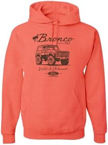 Ford Bronco Wild Untamed 1966, Classic Retro USA Motors | Novelty Merch Racing Merchandise Cars and Trucks Unisex Hoodie Sweatshirt, Sunset Coral, 3X-Large