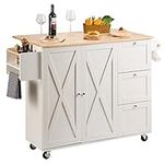 VEVOR Kitchen Island Cart with Solid Wood Top, 45.3 Inch Width Mobile Carts with Storage Cabinet, Rolling Kitchen Table with Spice Rack, Towel Rack and Drawer, Portable Islands on Wheels, White