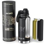 AKVATI 32 oz Stainless Steel Insulated Water Flask for Travel, Black Water Bottle for Men - Auto Spout Lid, Leakproof, BPA-Free, Wide Mouth Vacuum Double Wall Metal Water Thermos Keep Cold/Hot All Day