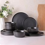 AmorArc Stoneware Dinnerware Sets of 4, Reactive Ceramic Plates and Bowls Set, Highly Chip and Crack Resistant | Dishwasher & Microwave Safe | Round Dishes Set Service for 4 (12pc)-Matte Black