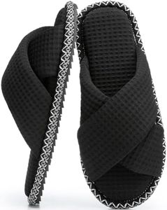 GOEWY House Slippers for Women Fuzzy Womens Slippers Indoor Outdoor Open Toe With Cross Band Corduroy Memory Foam Warm Gifts for Woman Size 9 10 Boho Waffle Black