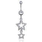 BSLVWG 14G 316L Surgical Steel CZ Belly button Bars with Dangle Cubic Zirconia Belly Piercing Belly Rings Jewelry Dangling Cute Double Star Navel Rings Body Piercing Jewelry Barbells for Women Girls