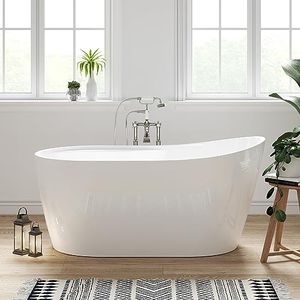 FerdY Lana'i 60" Freestanding Bathtub, Gracefully Shaped Freestanding Soaking tub, Glossy White, cUPC Certified, Brushed Nickel Drain & Overflow Assembly Included-02125