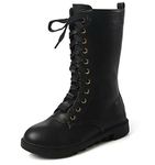 DADAWEN Kid's Girls Leather Lace-Up Zipper Mid Calf Combat Riding Winter Boots (Toddler/Little Kid/Big Kid) Black US Size 4.5 M Big Kid