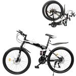 26 Inch Folding Mountain Bike, 21-Speed Transmission Foldable Mountain Bicycle with Dual Disc Brakes, High-carbon Steel Frame Bike with Mudguard & Cup Holder, 92-97cm Adjustable Soft Seat Height